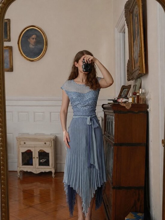 Kamarov Dresses & Skirts - Komarov Asymmetrical Silk Midi Dress Size Large Pastel Blue Formal Sheer